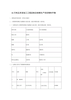60万吨玉米深加工工程淀粉及味精生产项目物料平衡.docx
