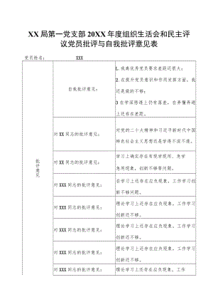 XX党支部20XX年度组织生活会和民主评议党员批评与自我批评意见表（汇总表）.docx