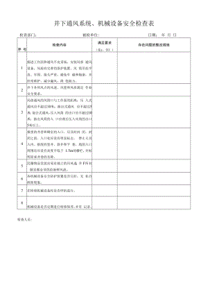 井下通风系统、机械设备安全检查表.docx