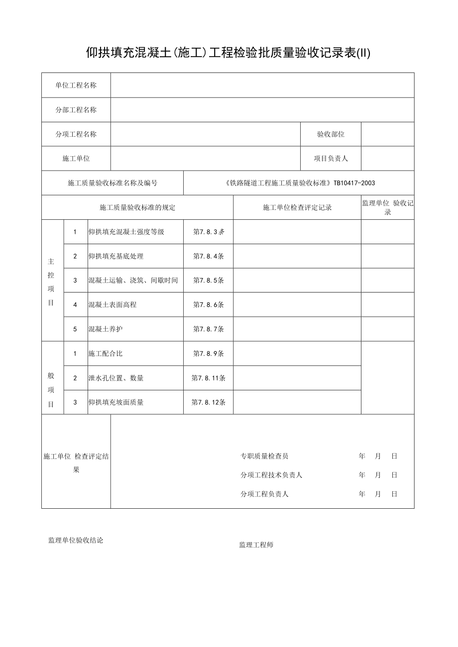 仰拱填充混凝土(施工)工程检验批质量验收记录表(Ⅱ).docx_第1页