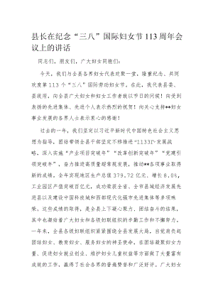 县长在纪念“三八”国际妇女节113周年会议上的讲话.docx
