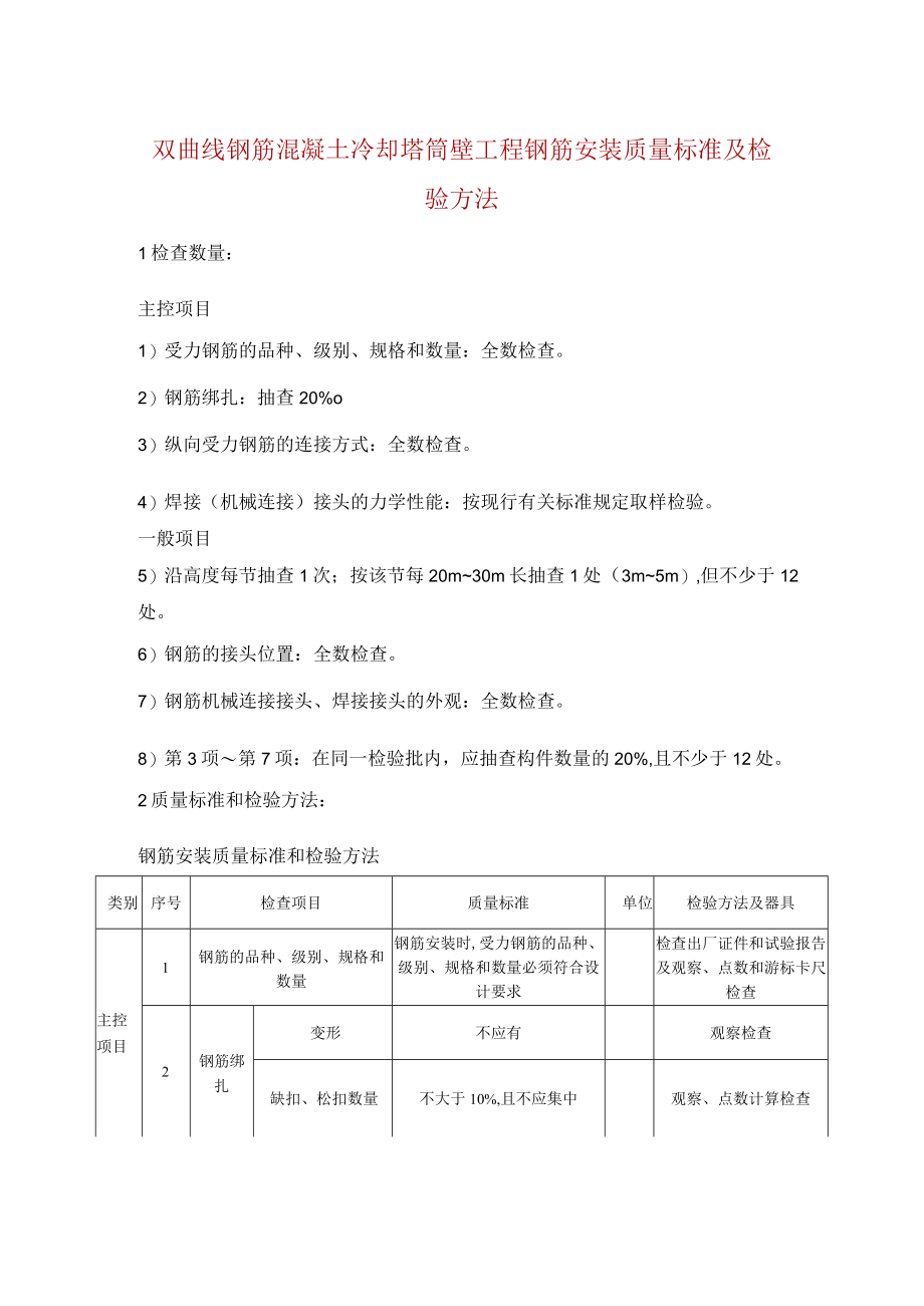 双曲线钢筋混凝土冷却塔筒壁工程钢筋安装质量标准及检验方法.docx_第1页
