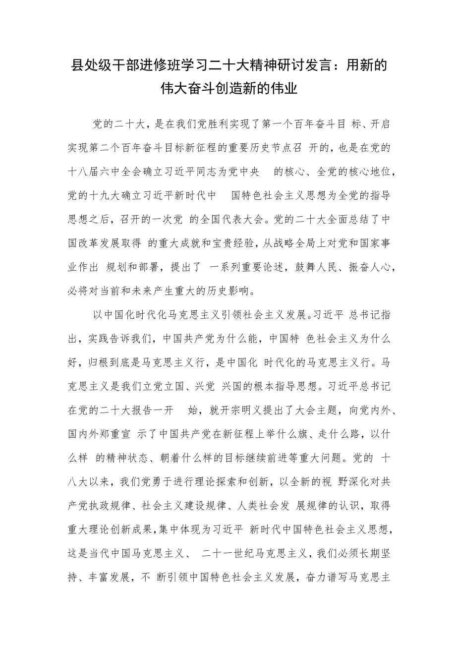 县处级干部进修班学习二十大精神研讨发言:用新的伟大奋斗创造新的伟业.docx_第1页