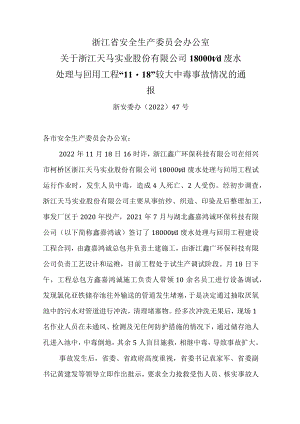 省安办关于浙江天马实业股份有限公司废水处理与回用工程11.18较大中毒事故通报.docx