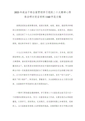 2023年政法干部全面贯彻学习党的二十大精神心得体会研讨发言材料1160字范文稿.docx