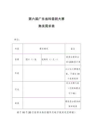 第六届广东省科普剧大赛舞美需求表.docx