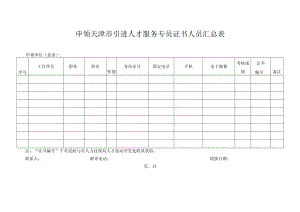申领天津市引进人才服务专员证书人员汇总表.docx