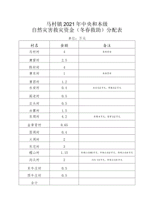 马村镇2021年中央和本级自然灾害救灾资金冬春救助分配表.docx