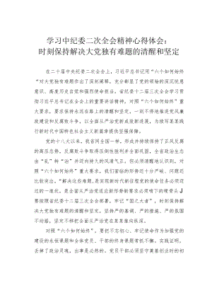 学习中纪委二次全会精神心得体会：时刻保持解决大党独有难题的清醒和坚定.docx