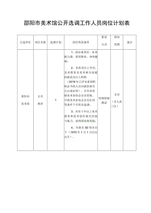 邵阳市美术馆公开选调工作人员岗位计划表.docx
