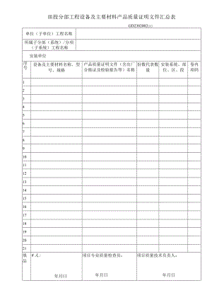 分部工程设备及主要材料产品质量证明文件汇总表工程文档范本.docx