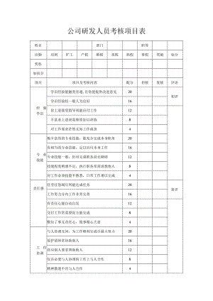 公司研发人员考核项目表.docx