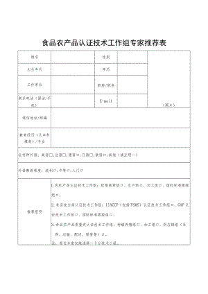 食品农产品认证技术工作组专家推荐表.docx