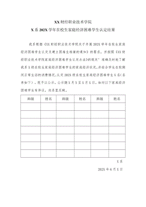 XX财经职业技术学院X系202X学年在校生家庭经济困难学生认定结果.docx