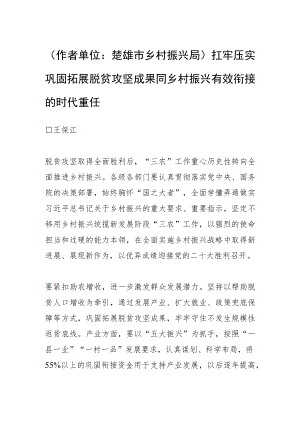 （作者单位：楚雄市乡村振兴局）扛牢压实巩固拓展脱贫攻坚成果 同乡村振兴有效衔接的时代重任.docx