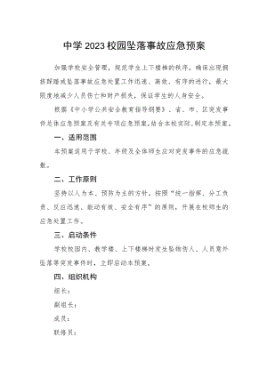 中学2023校园坠落事故应急预案.docx