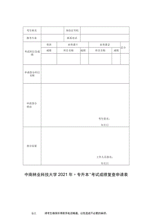 中南林业科技大学2021年“专升本”考试成绩复查申请表.docx