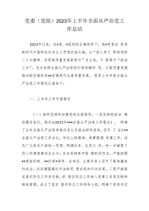 党委（党组）2023年上半年全面从严治党工作总结.docx