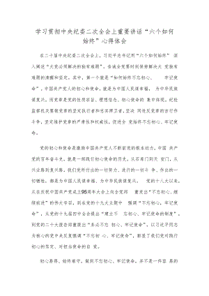 学习贯彻中央纪委二次全会上重要讲话“六个如何始终”心得体会.docx