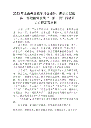 2023年全面开展抓学习促提升、抓执行促落实、抓效能促发展“三抓三促”行动研讨心得发言材料范文(参考三篇).docx