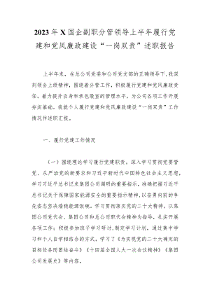 2023年X国企副职分管领导上半年履行党建和党风廉政建设“一岗双责”述职报告.docx