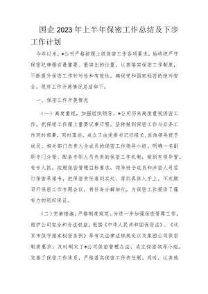 国企2023年上半年保密工作总结及下步工作计划.docx