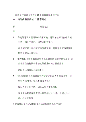 一级造价工程师《管理》19个高频数字考点汇总.docx