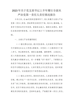 2023年关于党支部书记上半年履行全面从严治党第一责任人责任情况报告.docx
