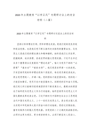 2023年主题教育“以学正风”专题研讨会上的发言材料(二篇).docx