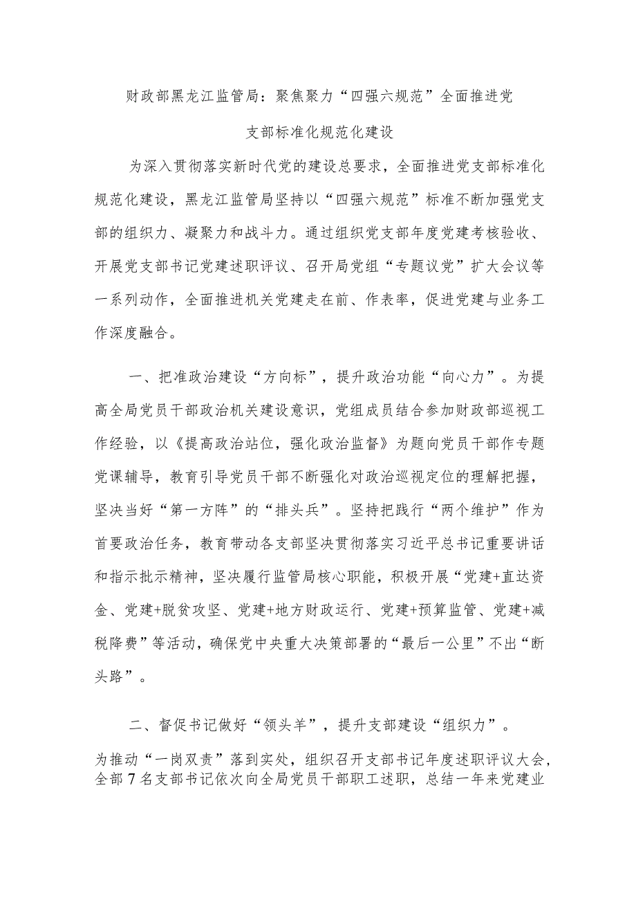 财政部黑龙江监管局:聚焦聚力“四强六规范”全面推进党支部标准化规范化建设.docx_第1页