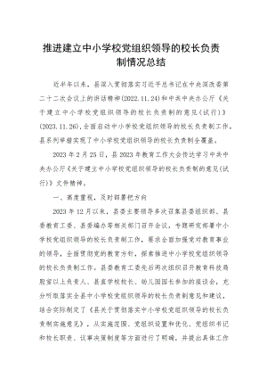 2023推进建立中小学校党组织领导的校长负责制情况总结八篇(最新精选).docx