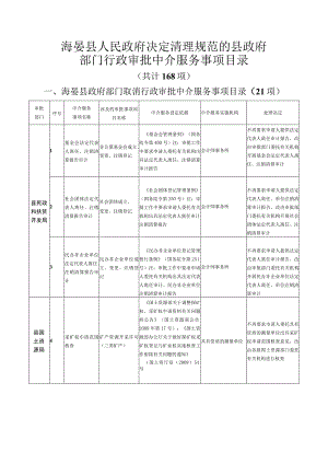 海晏县人民政府决定清理规范的县政府部门行政审批中介服务事项目录共计168项.docx