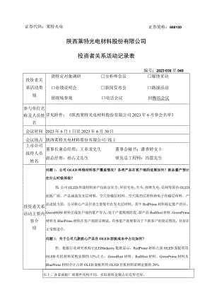 证券代码莱特光电证券简称688150陕西莱特光电材料股份有限公司投资者关系活动记录表.docx