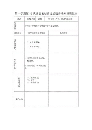 第一学期第13次课羽毛球前进后退步法专项课教案.docx