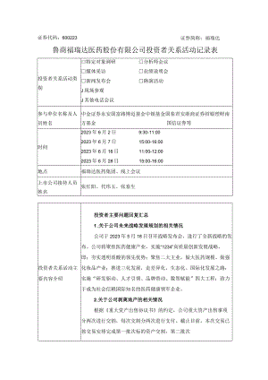 证券代码623证券简称福瑞达鲁商福瑞达医药股份有限公司投资者关系活动记录表.docx