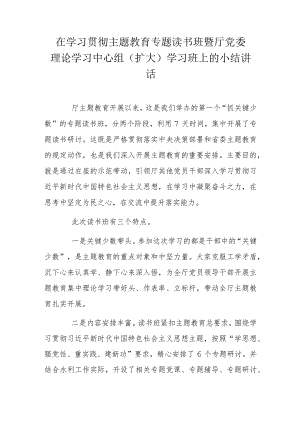在学习贯彻主题教育专题读书班暨厅党委理论学习中心组（扩大）学习班上的小结讲话.docx