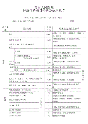 莆田人民医院健康体检项目价格及临床意义.docx