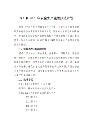 XX乡2023年安全生产监管执法计划.docx