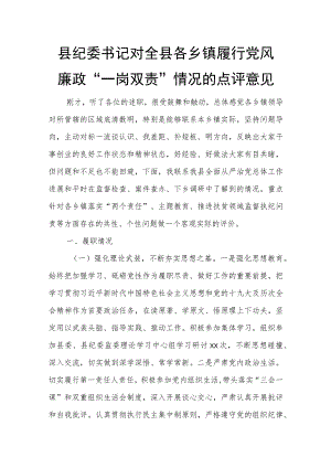 县纪委书记对全县各乡镇履行党风廉政“一岗双责” 情况的点评意见.docx