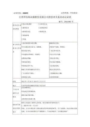 证券代码300095证券简称华伍股份江西华伍制动器股份有限公司投资者关系活动记录表.docx