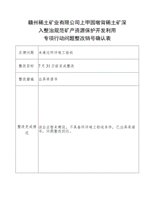 赣州稀土矿业有限公司上甲园墩背稀土矿深入整治规范矿产资源保护开发利用专项行动问题整改销号确认表.docx