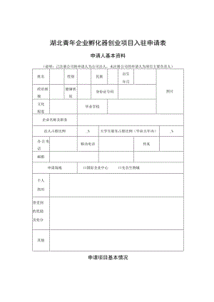 湖北青年企业孵化器创业项目入驻申请表.docx