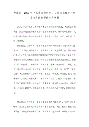 两篇文：2023年“忠诚为党护党、全力兴党强党”学习心得体会研讨发言材料.docx