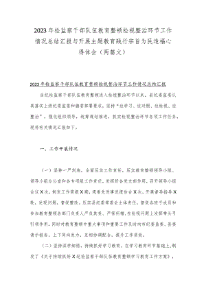 2023年检监察干部队伍教育整顿检视整治环节工作情况总结汇报与开展主题教育践行宗旨为民造福心得体会（两篇文）.docx