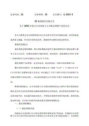 XX集团股份有限公司关于20X3年度公司及控股子公司购买理财产品的公告.docx