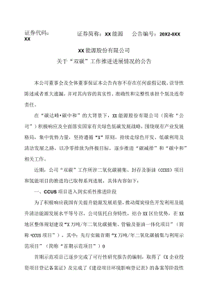 XX能源股份有限公司关于“双碳”工作推进进展情况的公告.docx