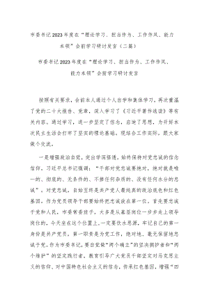 市委书记2023年度在“理论学习、担当作为、工作作风、能力本领”会前学习研讨发言(二篇).docx