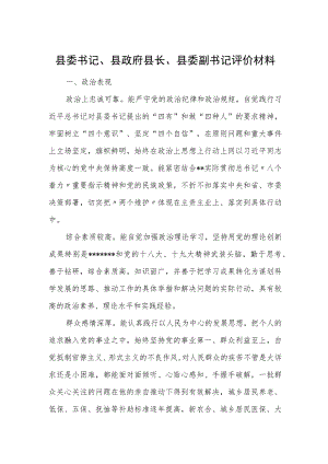 县委书记、县政府县长、县委副书记评价材料.docx