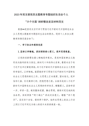2023年党支部党员主题教育专题组织生活会个人“六个方面”剖析整改发言材料范文.docx