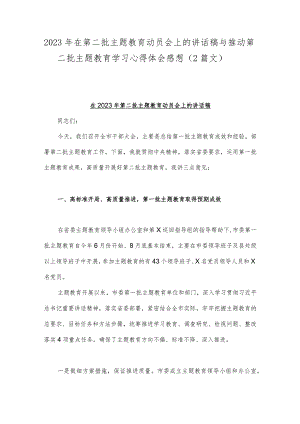 2023年在第二批主题教育动员会上的讲话稿与推动第二批主题教育学习心得体会感想（2篇文）.docx
